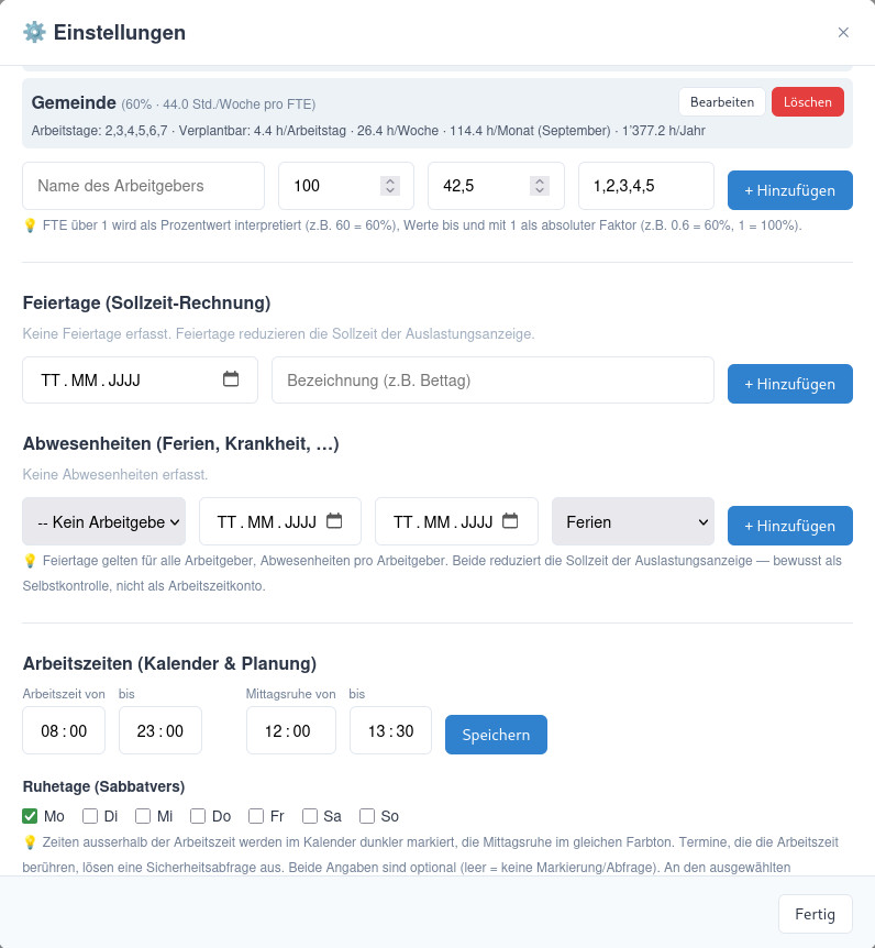 Einstellungsdialog zur Arbeitszeit mit FTE und Wochenstunden